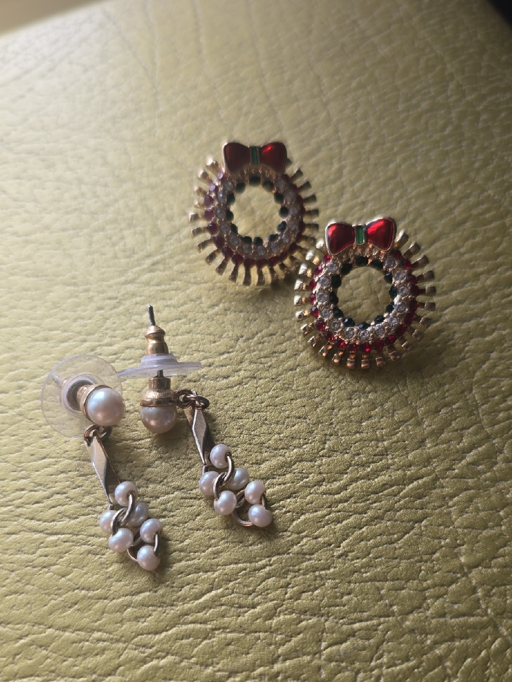 Gold Tone Red Bow Circle Earrings with Crystal Accents